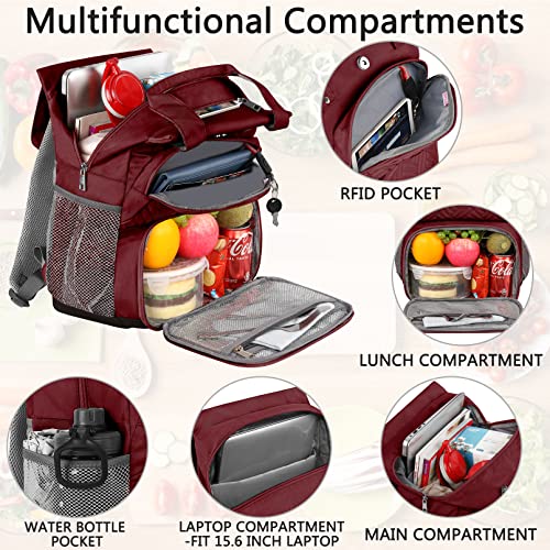 Mogplof Lunch Backpack For Women, Water-Resistant Insulated Cooler Backpacks Lunch Box Laptop Backpack, College With Usb Port Rfid Pockets For Nurse Work Travel Fits 15.6 Inch Laptop, Red #TOP2