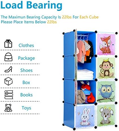 BRIAN & DANY Portable Cartoon Clothes Closet Wardrobe DIY Modular Storage Organizer, Sturdy and Safe for Children, 6 Cubes & 1 Hanging Section, Blue, 75 x 47 x 147 cm