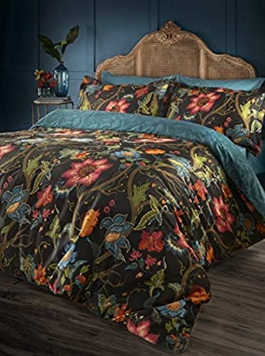 Riva Paoletti Riva Home Botanist Duvet Cover Set-Cotton-Black/Multi-Super King Size-260cm x 220cm (102 x 87 inches)