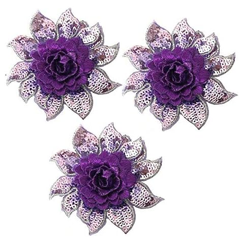 3D Flower Sequins Lace Applique Charming Blue/Purple/Rose red Color Embroidered Fabric Trim DIY Sewing Craft 2 Pieces 8X7.5cm Cover