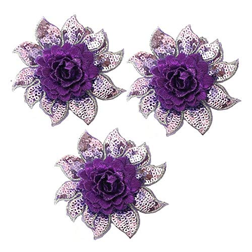 3D Flower Sequins Lace Applique Charming Blue/Purple/Rose red Color Embroidered Fabric Trim DIY Sewing Craft 2 Pieces 8X7.5cm