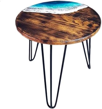 Handcrafted Wood Epoxy Resin Foldable Side Table Ocean Theme Coffee Table for Living Room Brown Large 14X14x18 Inches
