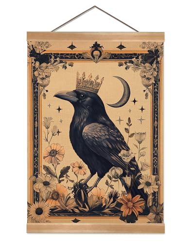 ZTGDA Gothic Vintage Raven Wall Art, A Crowned Raven and Celestial Moon Wall Decor, Witchy Dark Aesthetic Canvas Poster for Tarot Room, Bedroom or Mystery Decor 12x16inch(Retro color-Raven04)
