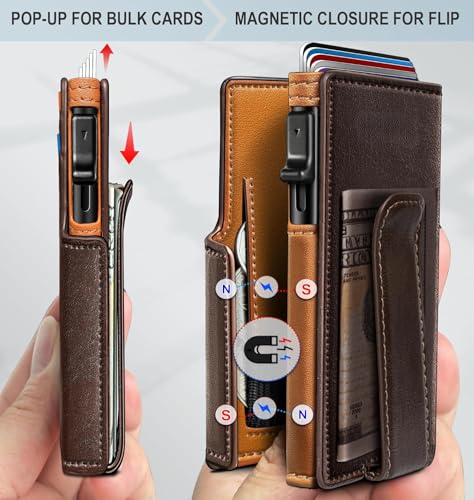 Image of VOGARD Slim RFID Blocking Wallet for Men | Pop-Up Card Holder with Money Clip & Coin Pocket | Magnetic Flip Leather Wallet | Holds 9 Cards, Cash & Keys | Coffee Brown