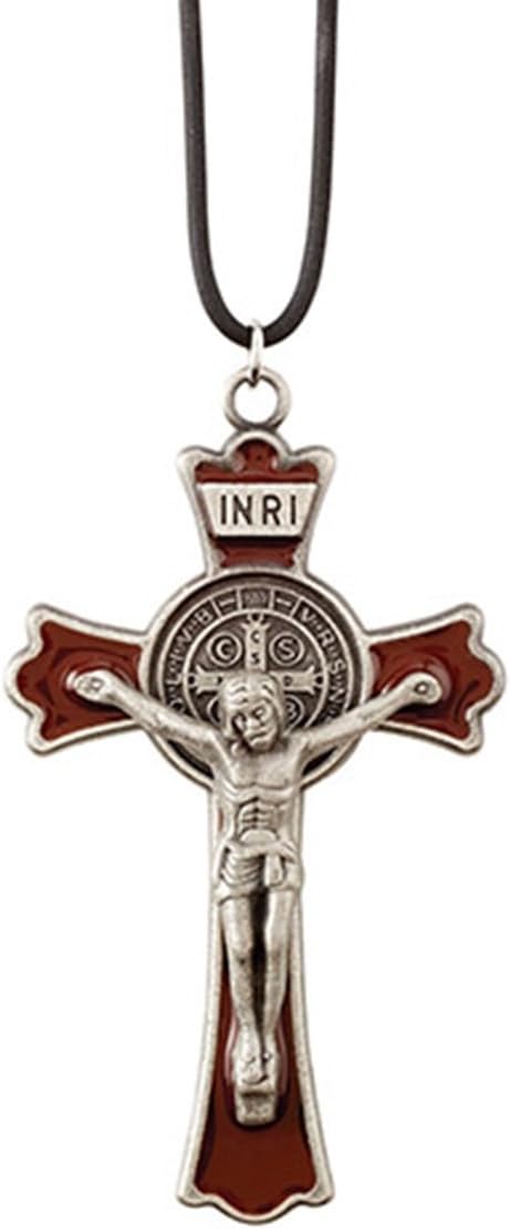 Silver Tone Saint Benedict Brown Enamel Crucifix Pendant with Black Cord Necklace, 3 Inch