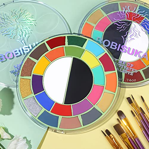 Bobisuka 25 Color Face Body Paint + 10Pcs Purple Brushes Set, Water Activated Face Painting, Professional Non Toxic Makeup Palette Kit For Halloween Party Theater Stage Sfx Cosplay Art For Women Adult #TOP5