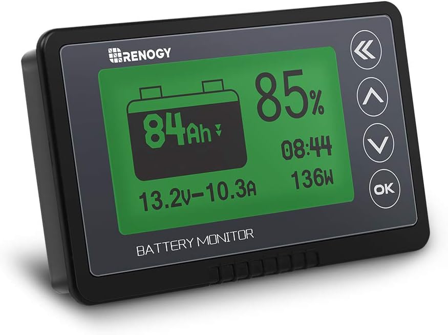 Renogy 500A Battery Monitor with Alarm, Capacity and Voltage Indicator, Compatible with LiFePO4, Lithium-ion, Lead Acid Battery in RV and Solar System