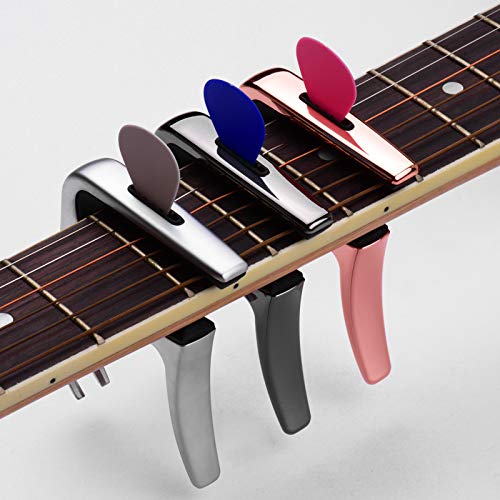 ammoon Guitar Capo Multifunctional with Bridge Pin Puller Guitar Pick Slot 3pcs Guitar Picks for Acoustic Electric Guitars Bass - Rose Gold