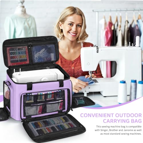 Image of Sewing Machine Carrying Case with Multiple Storage Pockets Large Capacity, Universal Tote Storage Bag Compatible with Most Standard Singer, Brother, Janome, Taro Purple