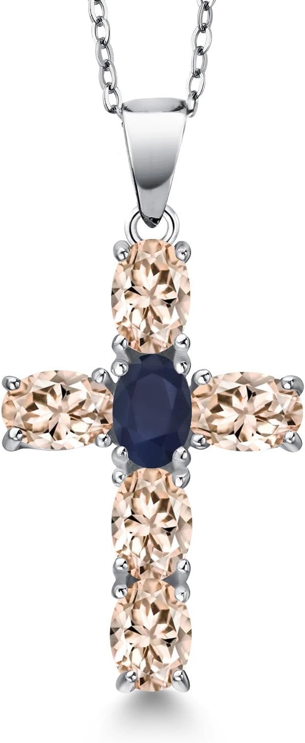 Gem Stone King 925 Sterling Silver Peach Morganite and Blue Sapphire Cross Pendant Necklace for Women | 3.06 Cttw | Gemstone October Birthstone | Oval 6X4MM | With 18 Inch Chain
