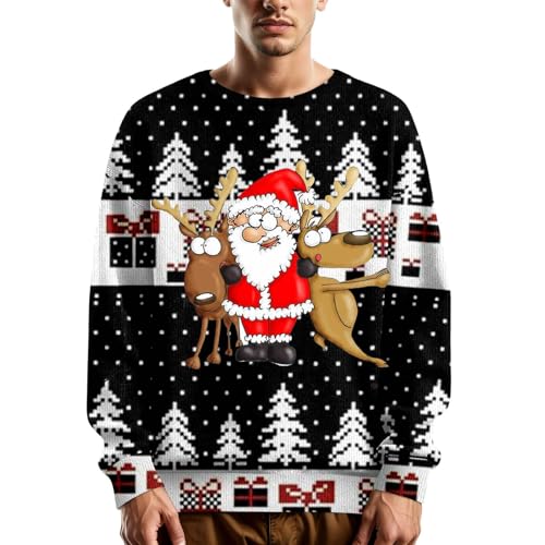 Mens Christmas Jumper Xmas Tree & Reindeer Fairisle Pattern Long Sleeve Knit Crew Neck Crew Xmas Sweater Hooded Sweatshirts Drawstring Casual Hoody with Kanga Pocket Santa Jacket Adult (Black-5,5XL)