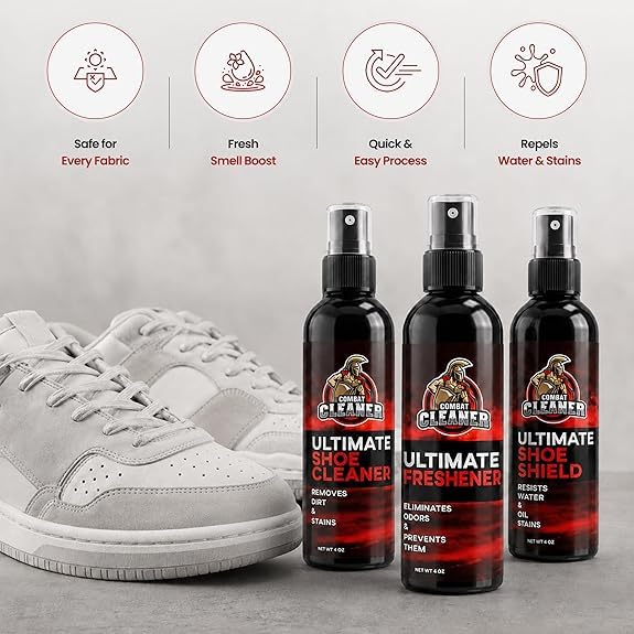 Combat Cleaner Kit de limpiador de zapatos | Limpiador de zapatos + desodorante en aerosol + protector de zapatos + cepillo | Se utiliza para tenis, zapatos de tenis, cuero y gamuza, Limpiador de