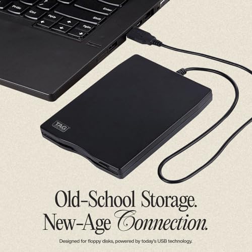 Image of TAG Floppy Disk Reader Drive, 3.5 Inch USB External Floppy Disk Drive 3 1 /2 Floppy Disc Reader for Mac Windows PC Laptop Desktop, Plug and Play, Black