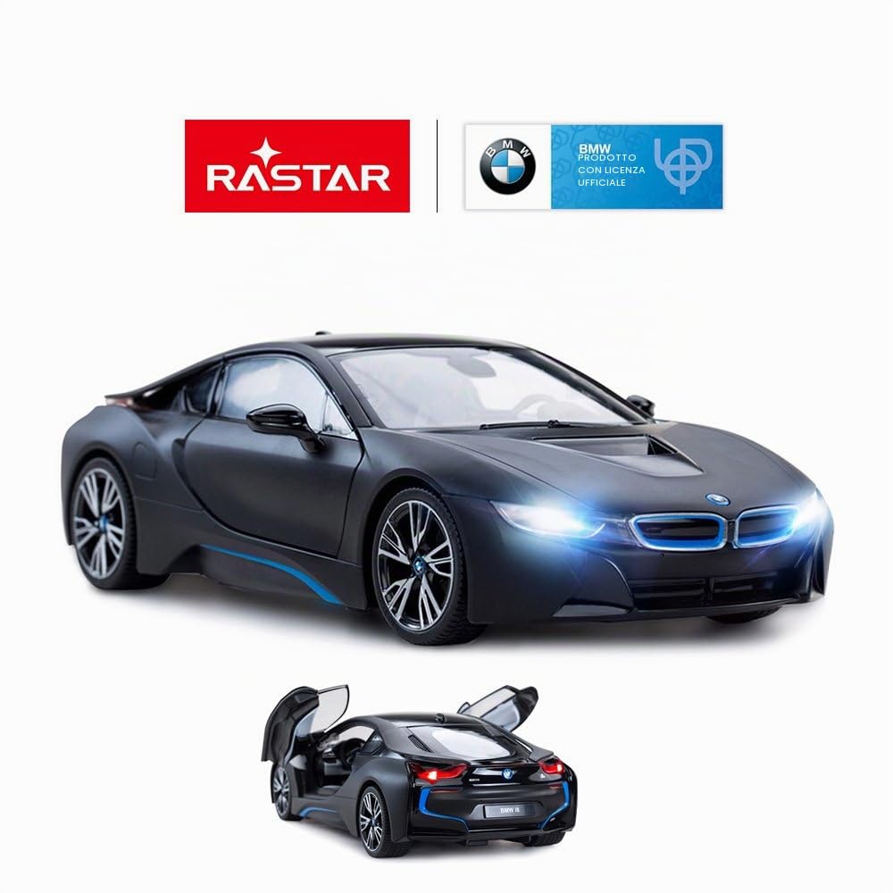 RASTAR Modello di auto BMW i8, 1:14 BMW i8 auto telecomandata, porte aperte tramite RC/luci di lavoro - nero opaco