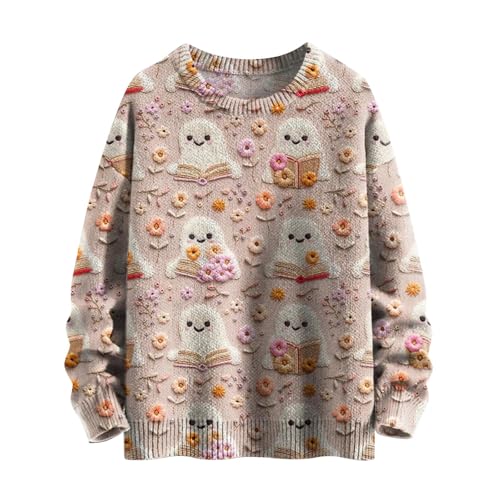 Image of Angxiwan pumpkin latte sweatshirt Halloween Jumpers for Women UK Cute Ghost Pumpkin Graphic Print Knit Sweatshirts Plus Size Long Sleeve Halloween Theme Month work shirts for women womens top