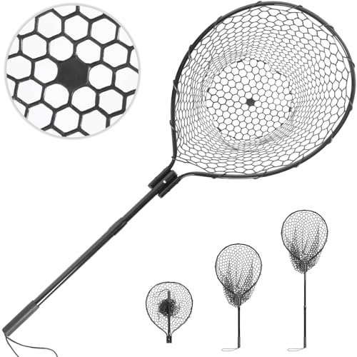 High Strength Large Landing Net - Fishing Net with Long Telescoping Handle and Soft Rubber Netting, Dip Net for Fishing, Ideal for Boat, Pier, River Angling (L - Full Rubber Netting)