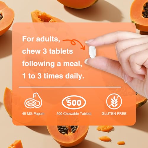 Vitamin World Papaya Enzymes Chewable 500 Tablets - Papain, Amylase & Protease for Digestion & Nutrient Absorption, Papaya Flavor, Gluten Free