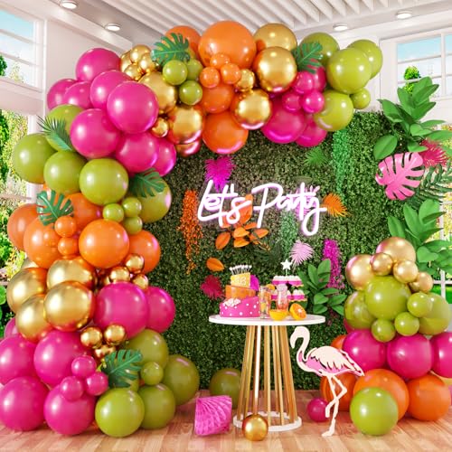 Tropical Hawaiian Balloons Arch Garland Kit, Olive Green and Hot Pink Orange Gold Balloons for Kids Hawaii Summer Beach Luau Aloha Pool Birthday Flamingo Baby Shower Party Decorations Supplies