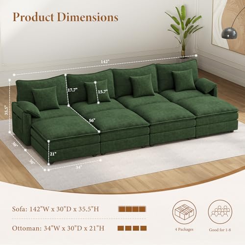 Image of Vesgantti 142 inch Oversized Sectional Sofa Bed, 8-Seater Modular Sleeper Cloud Couch with Movable Ottoman, Chenille Convertible Sofa Set Deep Seat Couches for Living Room, Bedroom and Apartment, Green