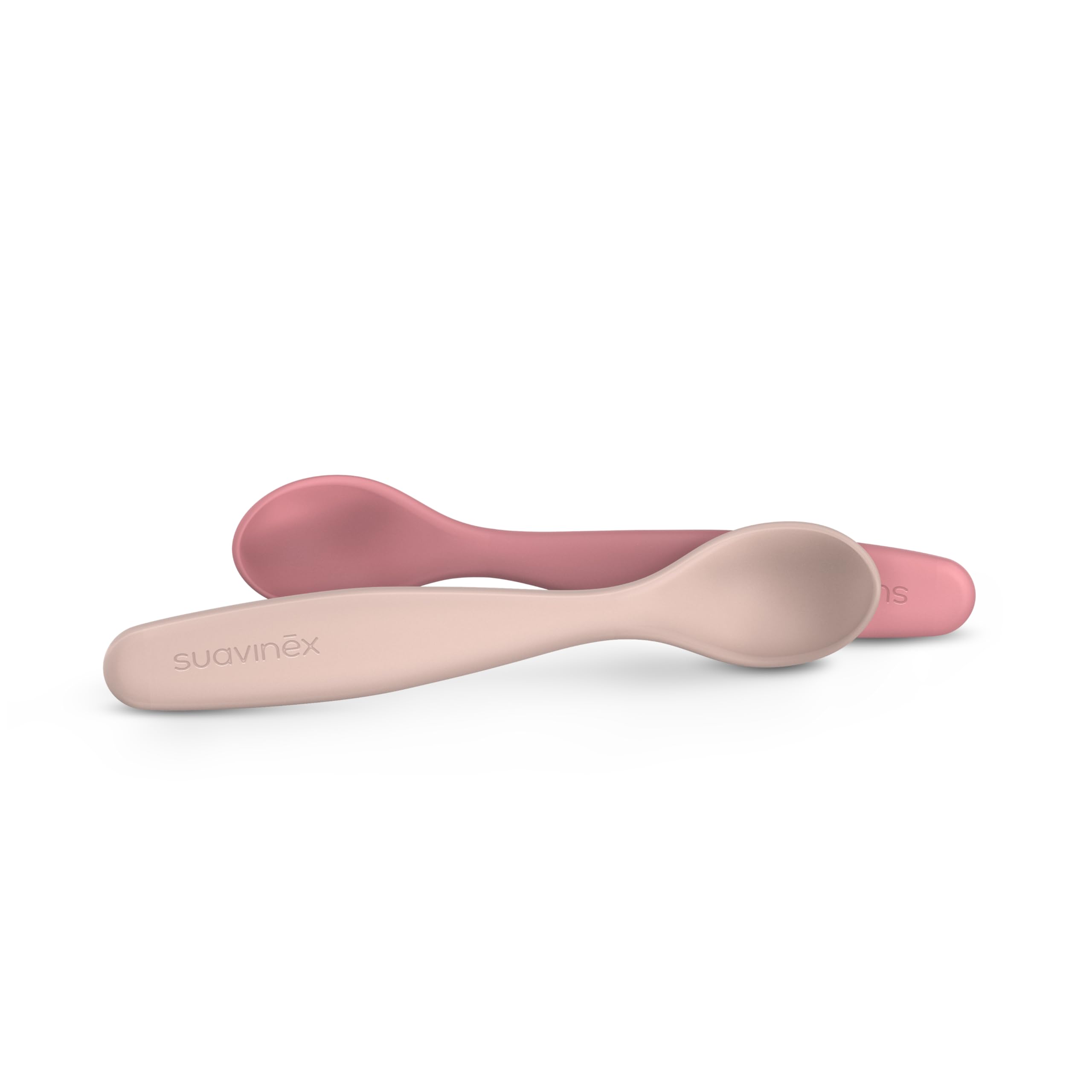 Suavinex, Pack 2 Cucharas para Bebés de Aprendizaje. Cucharas Infantiles. Aptas Encías Sensibles. Con Mango Largo. Ideal Papillas y Potitos. Aptas Lavavajillas. Ergonómicas. Bebés +6 Meses, Rosa