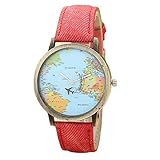  KanLin Mujer Reloj de Casual, Banda de Tela de Denim, Global Fly Mapa marcar (Rojo)