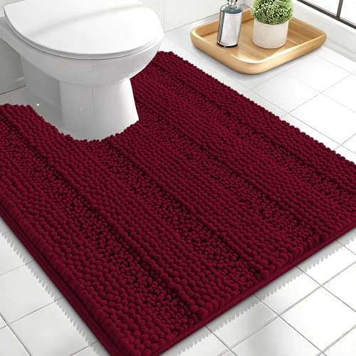 Image of OLANLY Thick Toilet Rugs U-Shaped 24x20, Extra Soft Absorbent Chenille Striped Contour Bathroom Rugs for Toilet, Dry Quickly, Machine Washable, Non-Slip Bath Mat, Burgundy