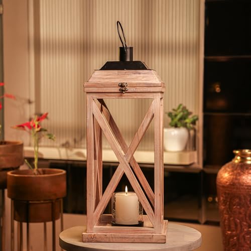 Image of Selena Decorative Wooden Lantern with Glass Panels & Candle | White Wash Acacia Wood Candle Holder | Farmhouse Lantern for Living Room, Patio, Balcony, Wedding & Festive Decor | 24 Inche
