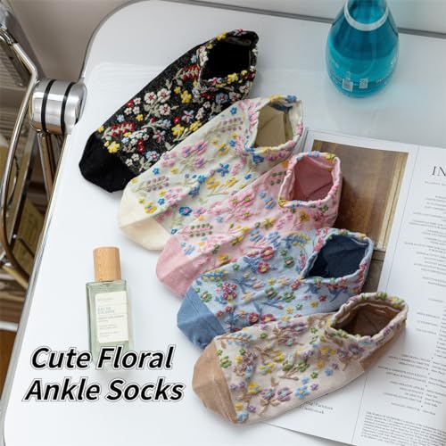 5 Pairs Cute Ankle Socks Kawaii Embroidered Floral Combed Cotton Socks For Girls Women2