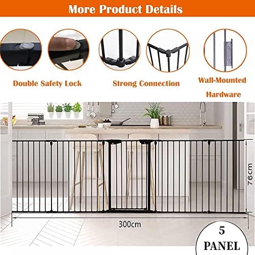 Nisorpa 5 Panel Baby Safety Gate Large Fireplace Hearth Fire Guard Indoor Barrier Metal Pet Dog Cat Stair Room Divider Playpen Fence with Freestanding Door(Black,300cm)