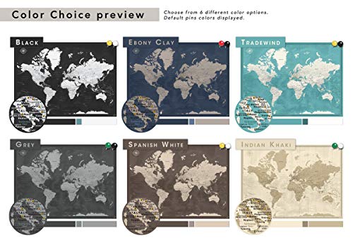 Travel Map With Pins World Personalized On Canvas | Premium Push Pin Travel Map | Black And White World Map In Various Color And Size Options | 24" X 32" Up To 40" X 53" #TOP2