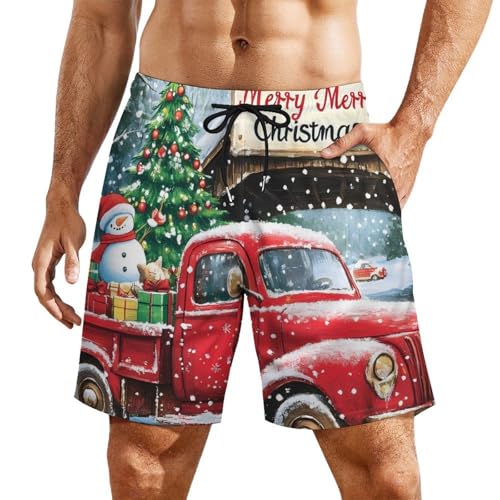Christmas Red Truck Mens Swim Trunks with Quick-Drying Lining Beach Shorts for Outdoor Sports