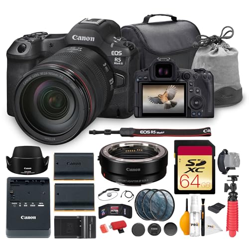 Canon EOS R5 Mark II Mirrorless Camera with 24-105mm f/4L is USM Lens Bundle | High-Resolution Full-Frame Sensor, Dual Pixel AF & 8K Video (6536C012) + Adapter EF-EOS R + 64GB Card + Battery + More