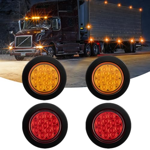 FXC 4Pack 2.5 Inch Round Truck Trailer 13 LED Side Marker Clearance Lights with Reflectors Waterproof 12V Side Fender Marker Light with Grommets and Wire Pigtail (Amber Red)
