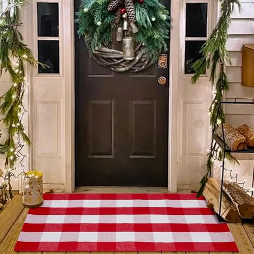 Christmas Red and White Plaid Rug 27.5 x 43 Inches, Hand-Woven Indoor/Outdoor Layered Cotton Blend Buffalo Plaid Rug, Washable Front Door Mat, Perfect for Porch, Living Room, Entryway