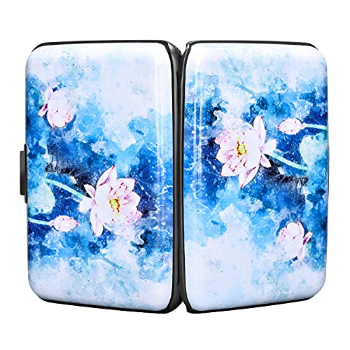 Elfish Mini Rfid Aluminum Wallet Credit Cards Holder Business Card Case Metal Id Case For Men Women (Blue Lotus) #TOP2