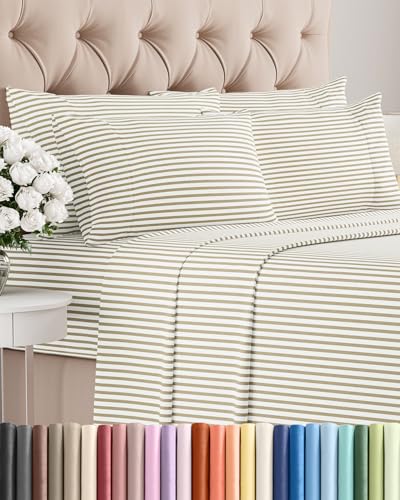 King 6 Piece Sheet Set - Comfy Breathable & Cooling - Soft Hotel Luxury Bedding Set with 8-16 Inch Deep Pockets - 1 Flat & 1 Fitted Sheet & 4 Pillowcases - Wrinkle Free & Easy Care - Beige Stripes 2