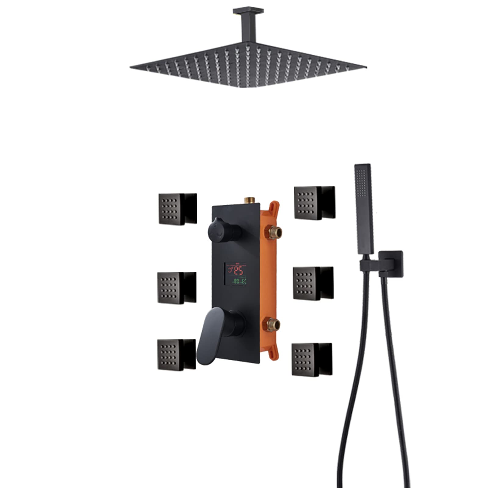 CWCQGH Shower System Temperature Display Concealed Shower Faucet Set Matte Black Shower Mixer Set of 6 Body Sprays with Brass Hand Shower and Waterfall Rainfall Shower Head, 12 Inch