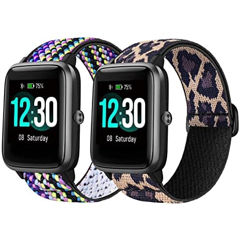 [2 Pack]Polyjoy Veryfitpro ID205L Watch Replacement Strap, 19mm Stretchy Nylon Bands Compatible with Grv/ Willful/ Letsfit/ Letscom/ Teminice/ Yamay/ Fitpolo SmartWatch - Bohemia+Leopard grain Cover