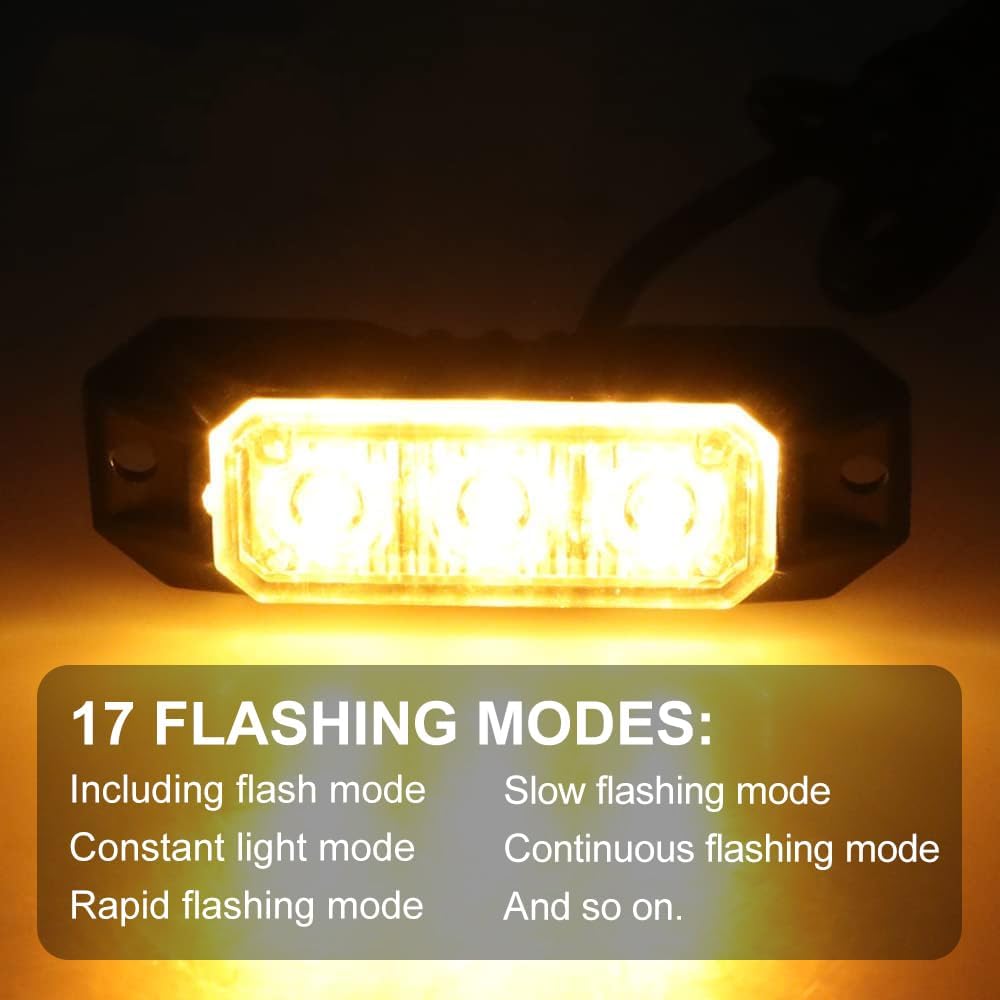 2PCS 3 LED Amber Strobe Lights for Trucks Emergency Strobe Warning Flashing Lights Bar Ultra Slim Grill Grille Surface Mount 12V-24V Hazard Caution Lights for Trucks Vehicles Cars ATV