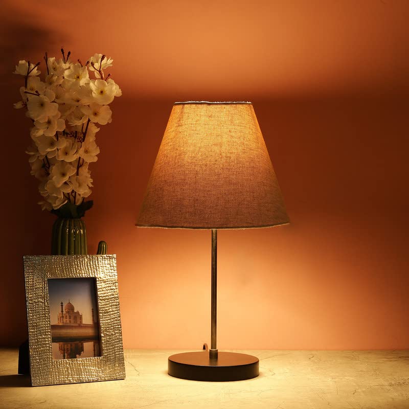 Image of Silver Table Lamp with Handmade Conical Beige Shade, Minimalist Design, for Couple Dinner /Coffee Table /Restaurant /Bedroom, On /Off Switch Long Wire