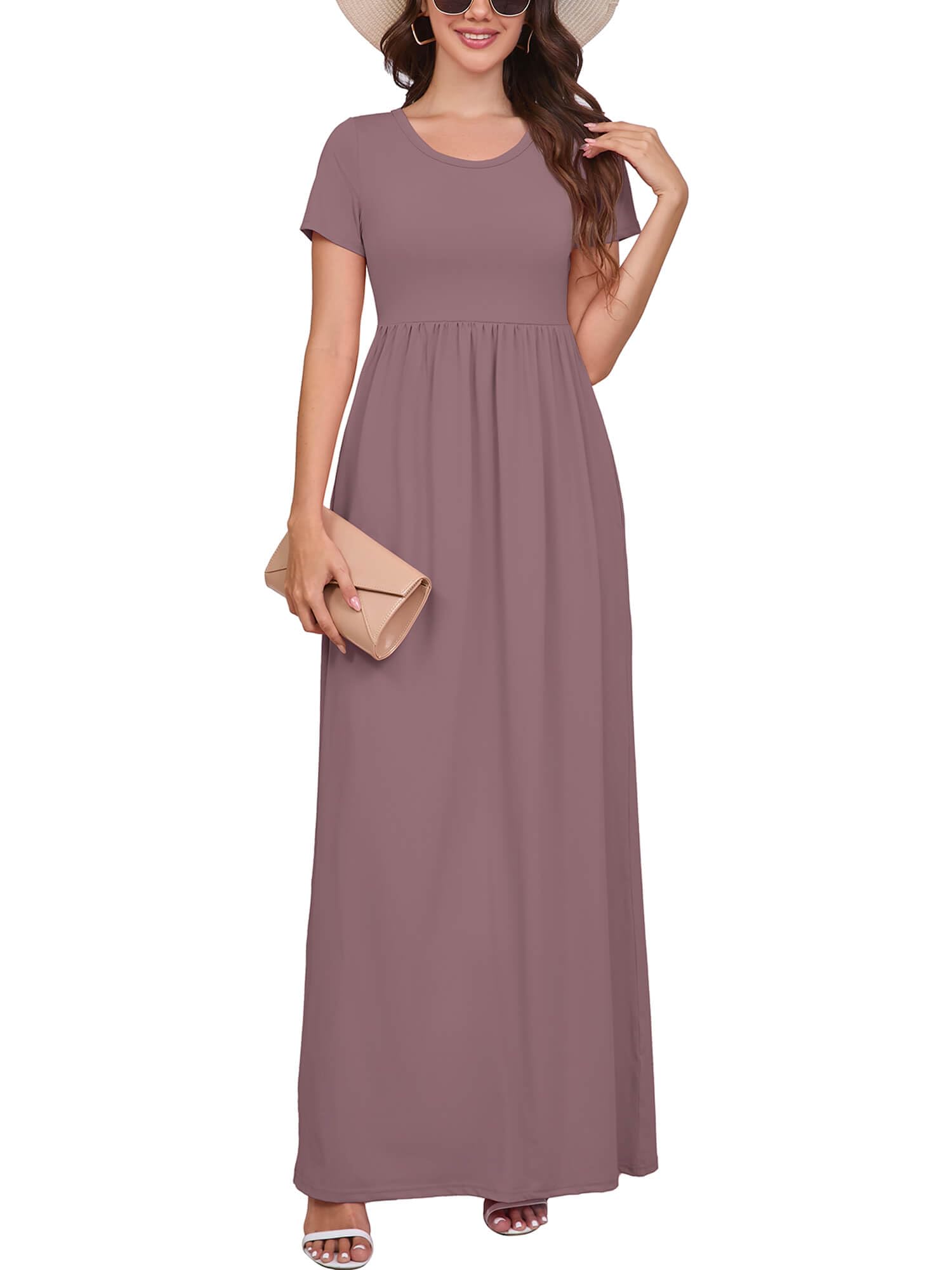 DEARCASE Maxi Dress for Women Short Sleeve Casual Summer Loose Plain Comfy Long Dresses with Pockets