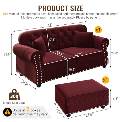 Image of KEIKI 63 inch Velvet Chesterfield Sofa with Rolled Arms & Nailhead Trim & 1 Ottoman, Modern 2-Seater Button Tufted Couch with High Resilience Cushion & 2 Pillow, Easy Assembly, for Living Room, Burgundy