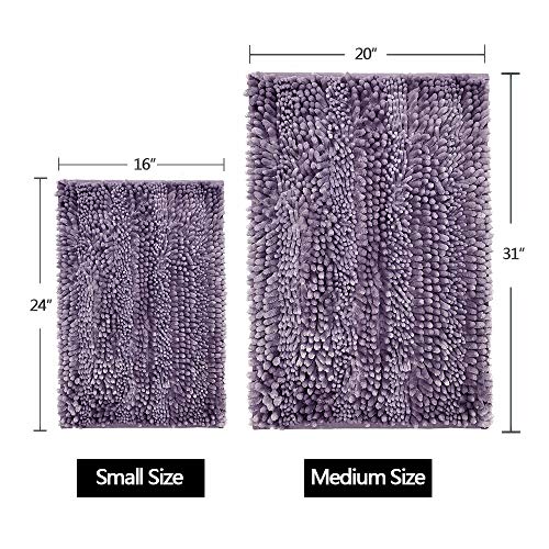 Rulleny Set 2 Piece Shaggy Bathroom Rugs, Luxury Butter Chenille Bath Room Mats Non-Slip Shower Rug Carpet Floor Mats, Super Absorbent Washable Bath Rug Sets, 20" X 31" Plus 16" X 24", Light Purple #TOP3