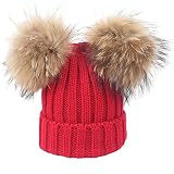 feifanshop Damen Wintermützen Strickmütze Echtfell Waschbär Fell Pelz Bommel Mütze Bommelmütze Beanie Warme Cap Rot