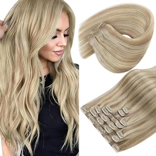 Sunny Hair Clip in Hair Extensions for Women 18inch 120g Remy Human Hair Extensions Clip in Human Hair Extensions Straight Human Hair Clip in Extensions Dark Ash Blonde Highlights Golden Blonde 7pcs