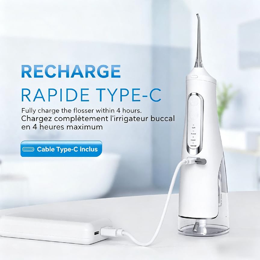 Oryzom Hydropulseur Sans fil Pour un Soin Dentaire & Buccal optimal - Jet Dentaire pour Gencives 5 Modes & 4 Embouts, Réservoir de 300 ml, Étanchéité IPX7, Prenez soin de votre Bouche (Noir)