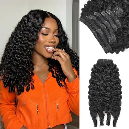Pobokix Burmese Curly Clip in Hair Extensions Real Human Hair 8Pcs Remy Human Hair Clip in Extensions for Women Natural Soft Human Hair 120g 20inch #1B Natural Black