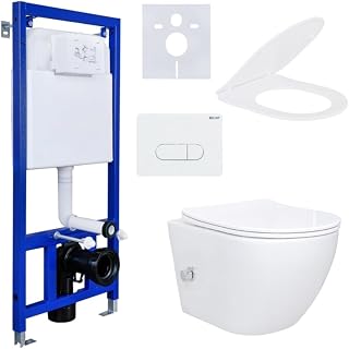 ALONI Hänge-WC Komplettset, spülrandlos, Taharet mit Kalt-/Warmwasserarmatur aus Edelstahl, Vorwandelement 3/6 L, Tanktiefe 80 mm, Softclose Duroplast, Drückerplatte, hohe Tragkraft, Weiß
