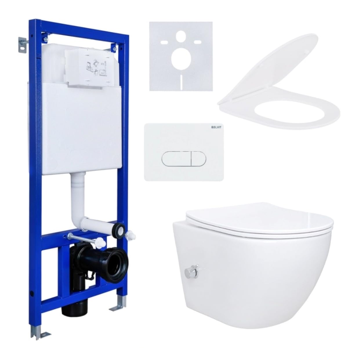 ALONI Hänge-WC Komplettset, Weiß | Spülrandlos, Taharet mit Kalt-/Warmwasserarmatur aus Edelstahl, Vorwandelement 3/6 L, Tanktiefe 80 mm, Softclose Duroplast
