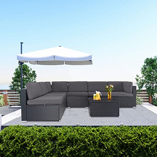 Suncrown 7-Piece Outdoor Patio Furniture Sofa Set All-Weather Wicker Sectional Conversation Set With Modern Glass Coffee Table And Furniture Cover (Grey) #TOP7